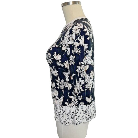 J. Jill - Women's M Tunic Top Stretch Black White Brown Floral Crewneck Petite - Picture 6 of 13